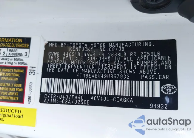 4T1BE46K49U867932: 43645349