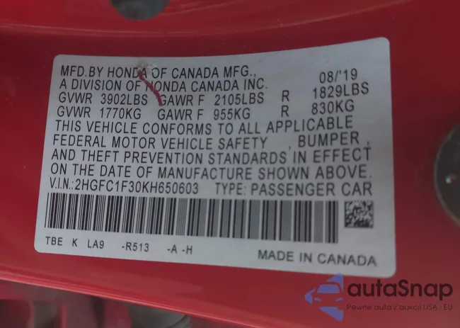 2HGFC1F30KH650603: 43645020