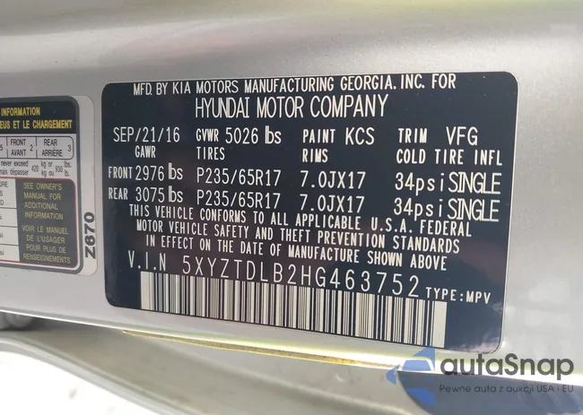 5XYZTDLB2HG463752: 43645107