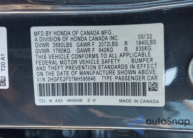 2HGFE2F57NH586646: 43646286