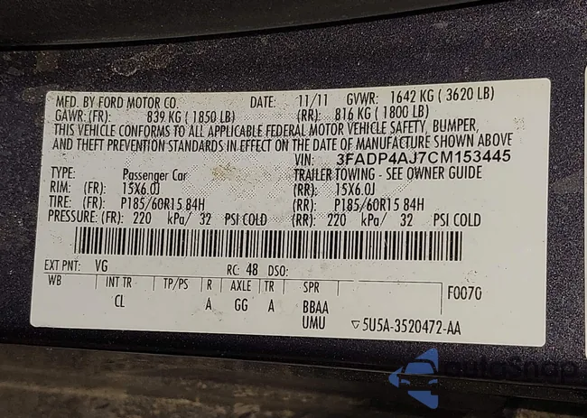 3FADP4AJ7CM153445: 43646334