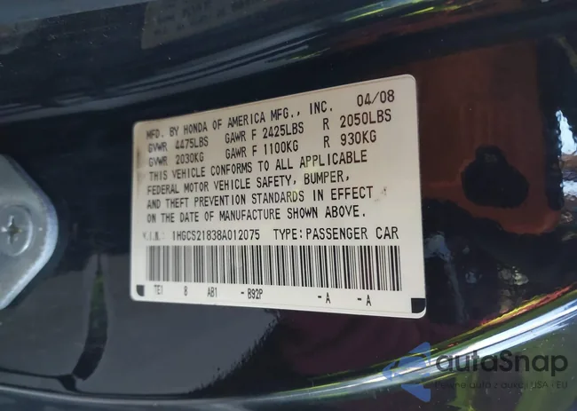 1HGCS21838A012075: 43650252