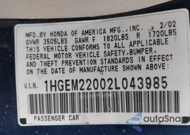 1HGEM22002L043985: 43649987