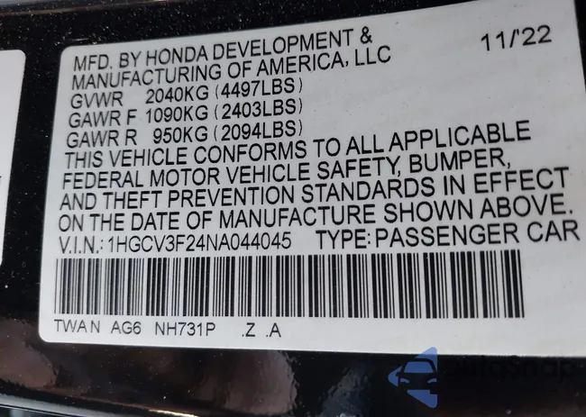 1HGCV3F24NA044045: 43651644