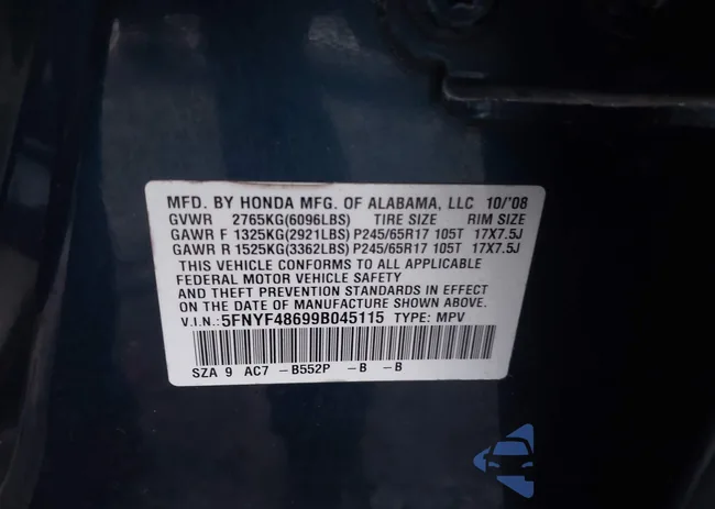 5FNYF48699B045115: 43652453