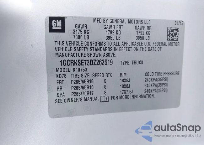 1GCRKSE73DZ263619: 43652916