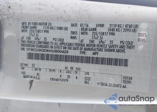 1FMCU9GD6HUB00425: 43654637