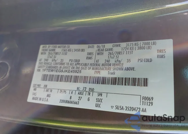 1FTEW1EG9JKE45925: 43656463