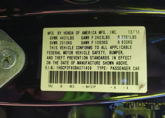 1HGCP2F80BA071408: 43656536