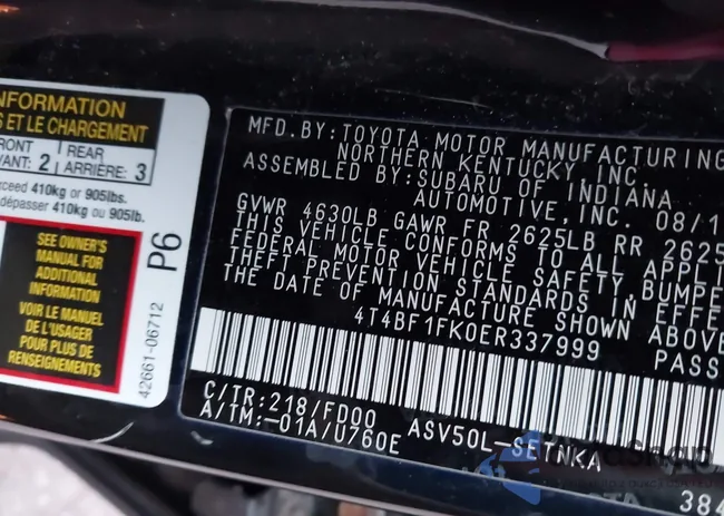 4T4BF1FK0ER337999: 43656625