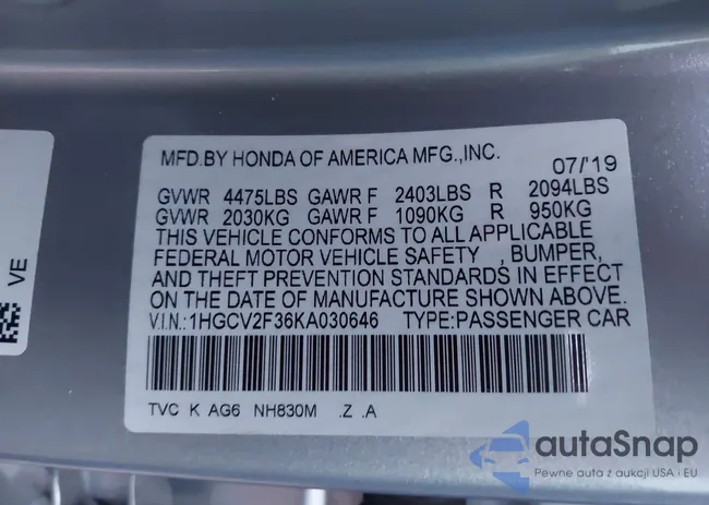 1HGCV2F36KA030646: 43655908