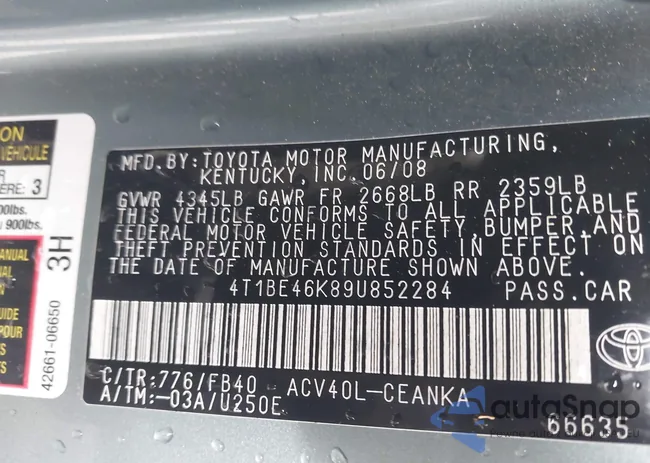 4T1BE46K89U852284: 43657242