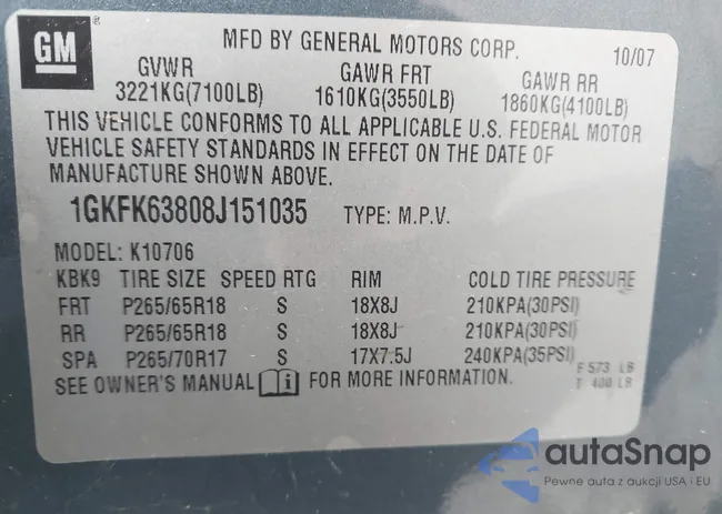 1GKFK63808J151035: 43658190