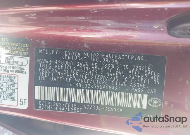 4T1BE32K55U408421: 43658474