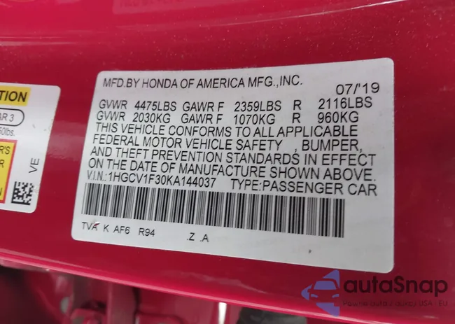 1HGCV1F30KA144037: 43658002