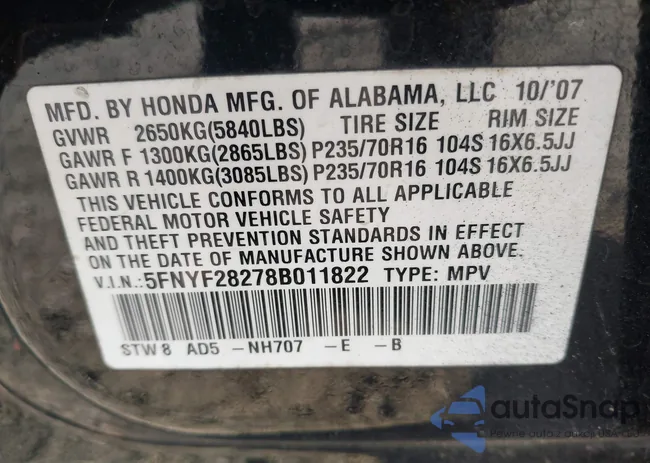 5FNYF28278B011822: 43658910