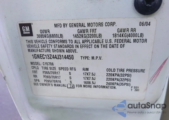 1GNEC13Z44J314450: 43659821