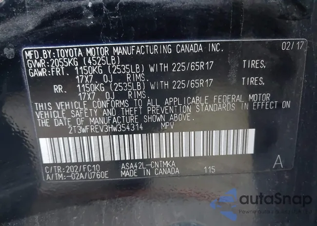 2T3WFREV3HW354314: 43661290