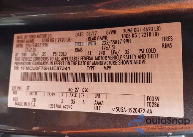 1FMCU0F76HUE87341: 43661587