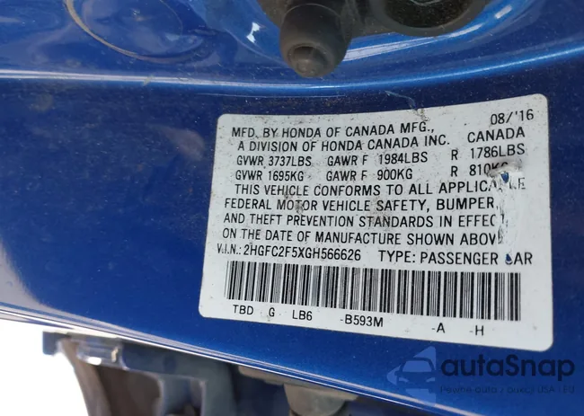 2HGFC2F5XGH566626: 43661589