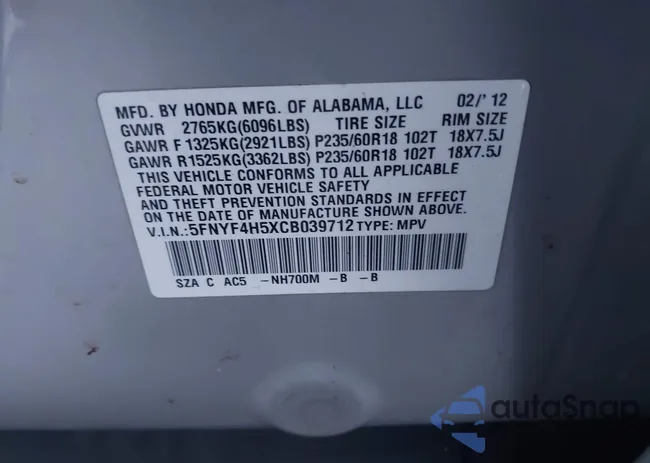 5FNYF4H5XCB039712: 43661123