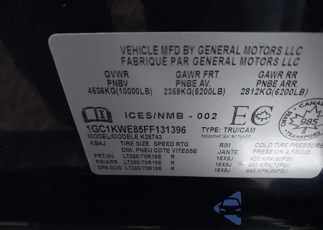 1GC1KWE85FF131396: 43662728