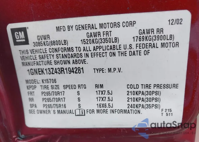 1GNEK13Z43R194281: 43662758