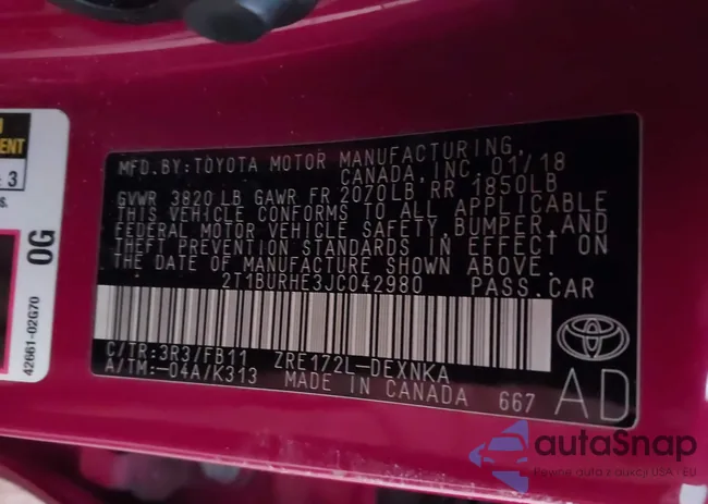 2T1BURHE3JC042980: 43662142