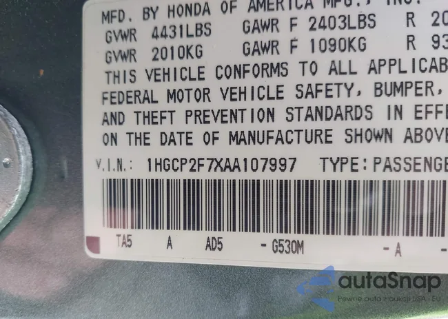 1HGCP2F7XAA107997: 43664819