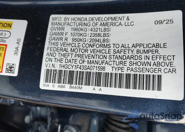 1HGCY1F43SA071598: 43665016