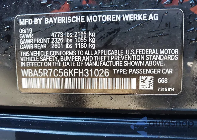WBA5R7C56KFH31026: 43666269