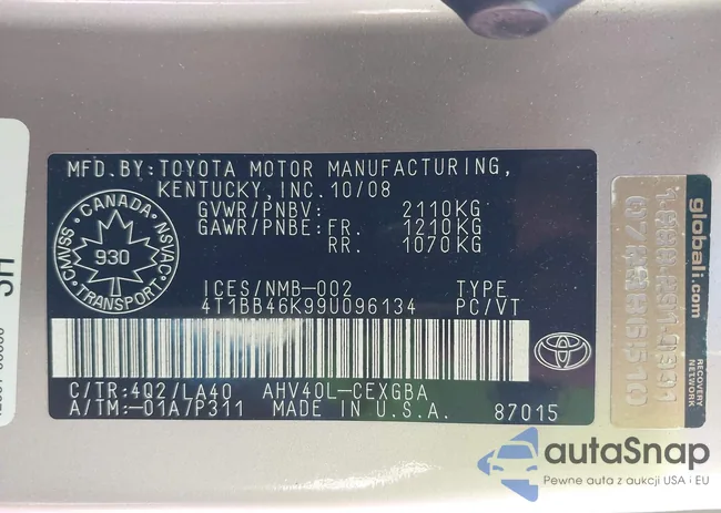 4T1BB46K99U096134: 43667459