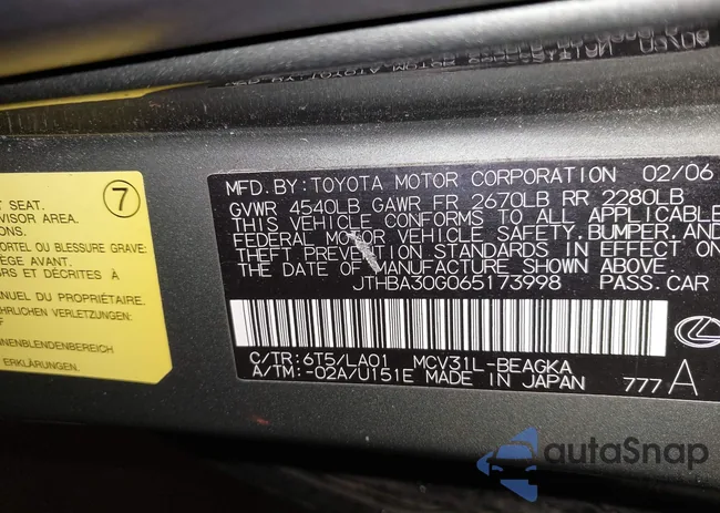 JTHBA30G065173998: 43668183