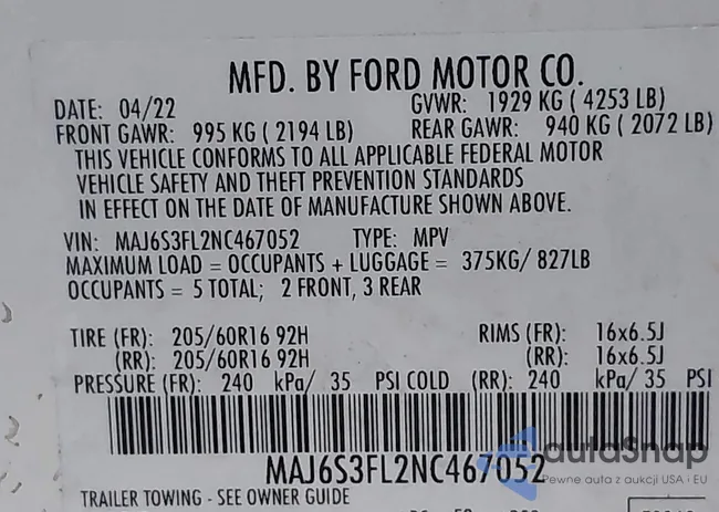 MAJ6S3FL2NC467052: 43668739