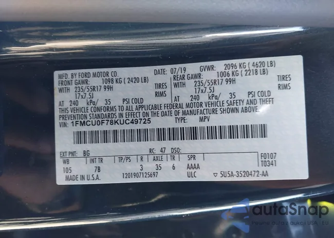 1FMCU0F78KUC49725: 43667890