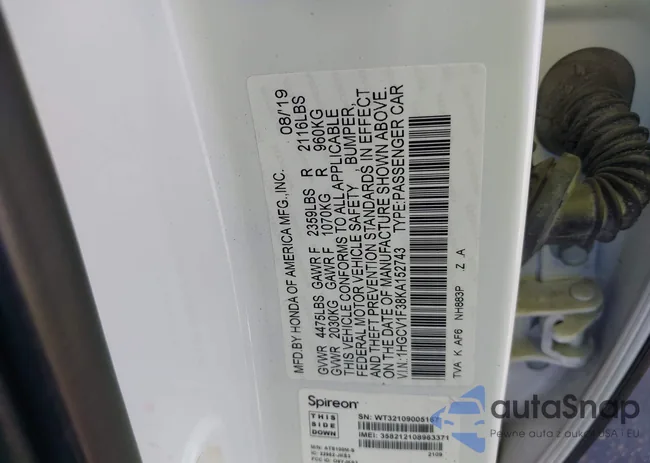 1HGCV1F38KA152743: 43669567