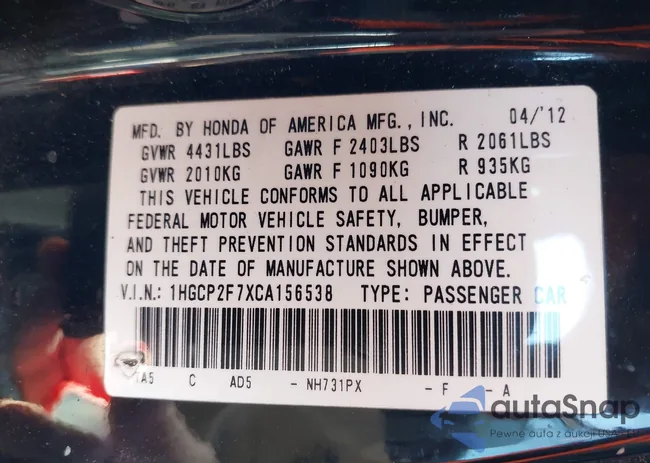 1HGCP2F7XCA156538: 43671547