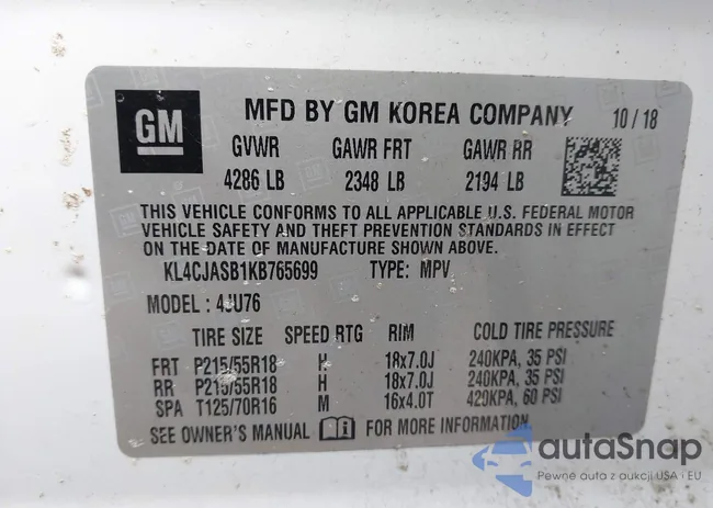 KL4CJASB1KB765699: 43672386