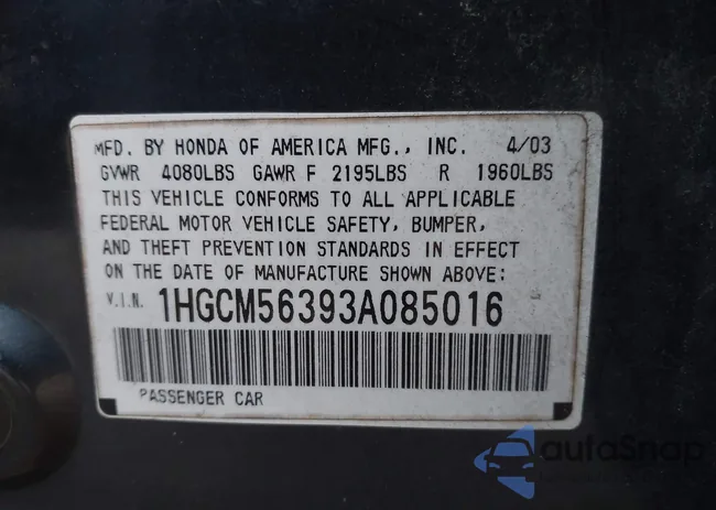 1HGCM56393A085016: 43673337