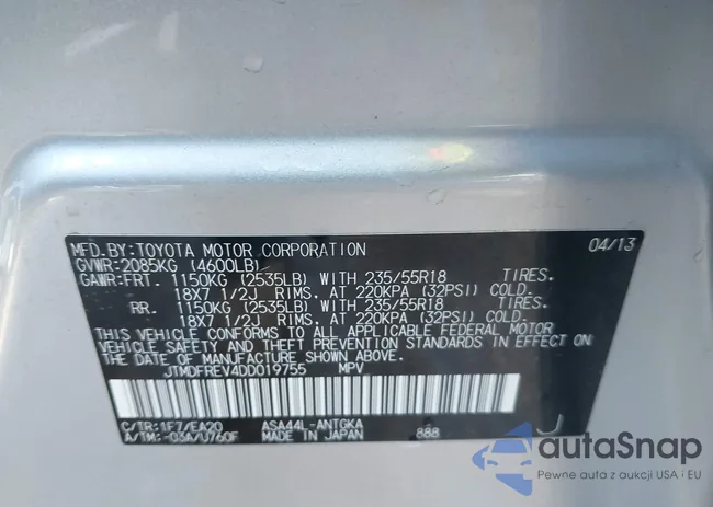 JTMDFREV4DD019755: 43673462