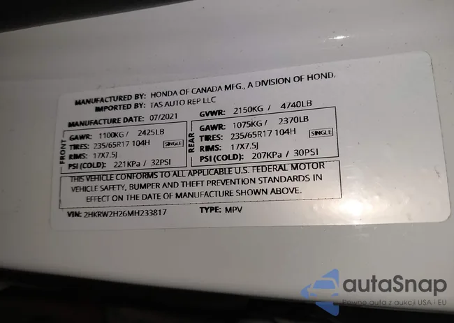 2HKRW2H26MH233817: 43673465