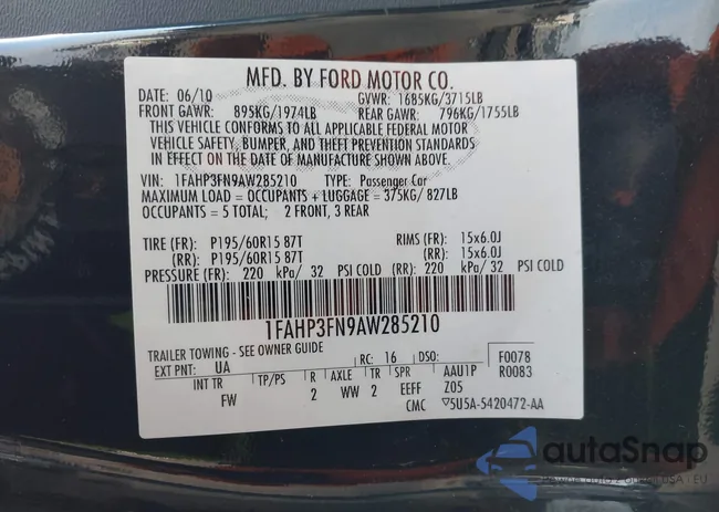 1FAHP3FN9AW285210: 43674553