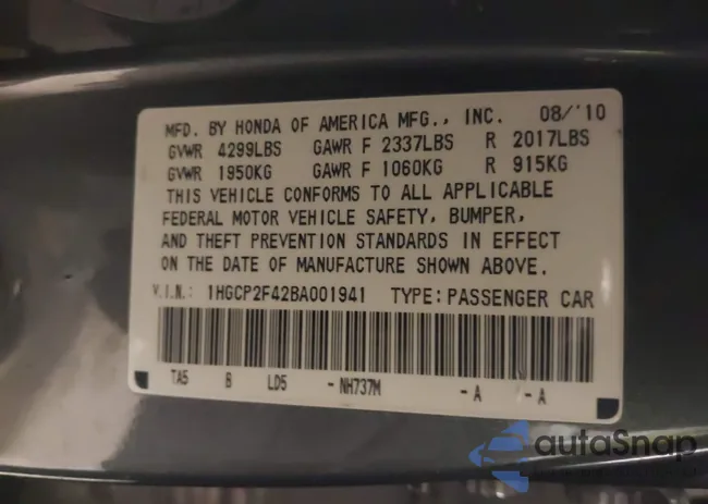 1HGCP2F42BA001941: 43674570