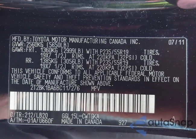 2T2BK1BA6BC117276: 43674749