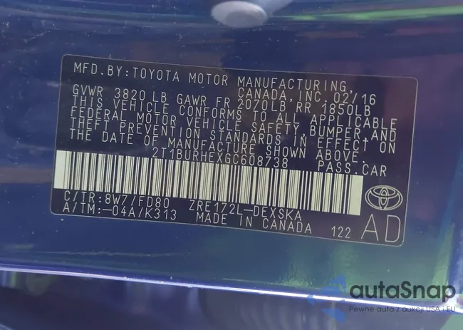 2T1BURHEXGC608738: 43676544