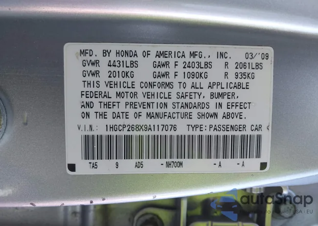 1HGCP268X9A117076: 43677063