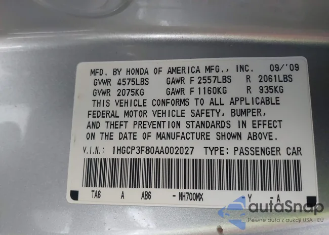 1HGCP3F80AA002027: 43678892