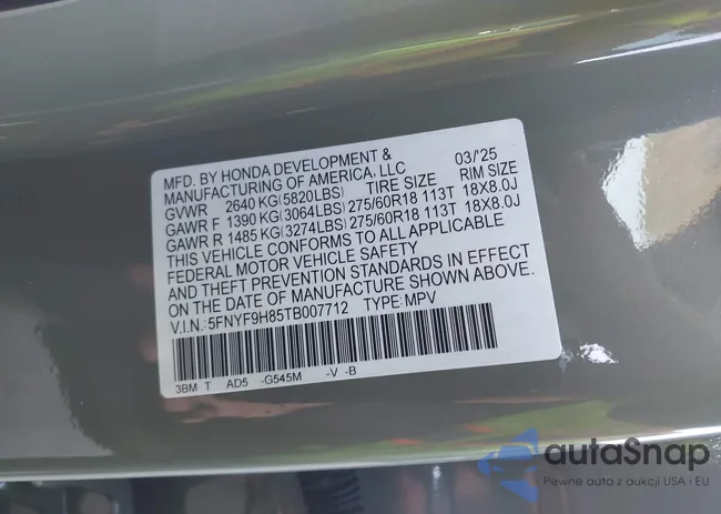 5FNYF9H85TB007712: 43680139