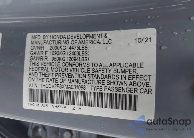 1HGCV2F3XMA031088: 43684479