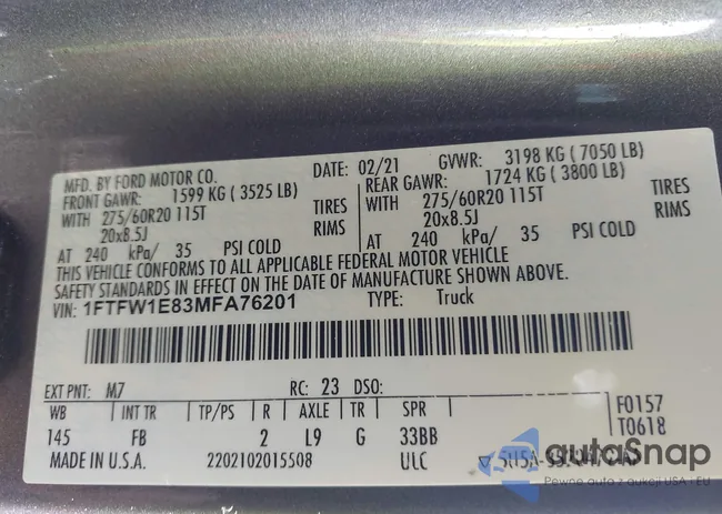 1FTFW1E83MFA76201: 43685396